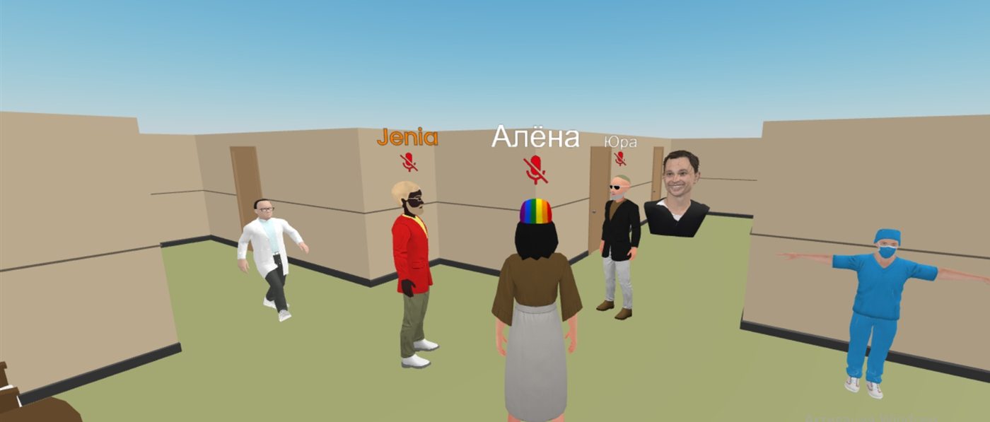 Avatares de los participantes reunidos en el pasillo de la clínica virtual
